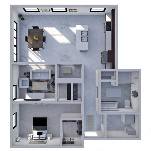 Floor plan for 1 bed, 1 bath, 944 sqft