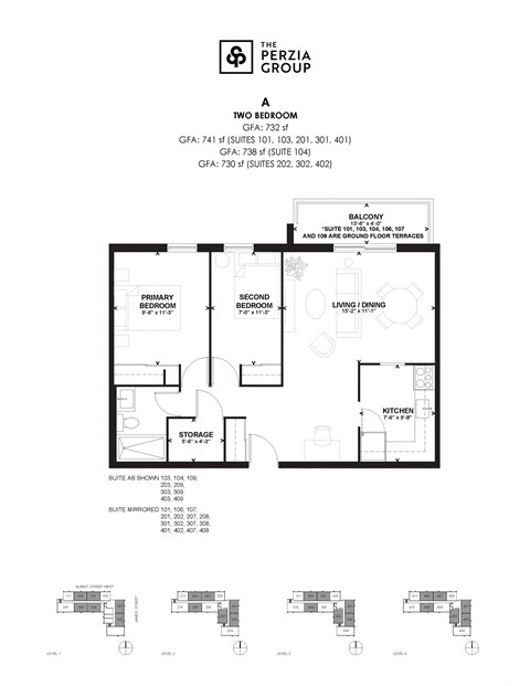 Floor plan for 2 beds, 1 bath, 742 sqft