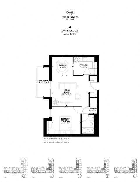 Floor plan for 1 bed, 1 bath, 570 sqft