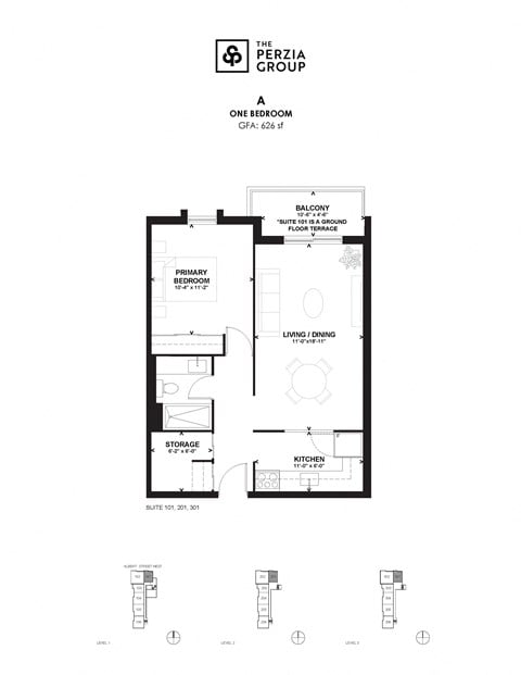 Floor plan for 1 bed, 1 bath, 626 sqft