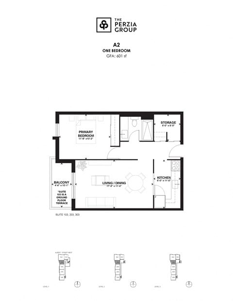 Floor plan for 1 bed, 1 bath, 601 sqft