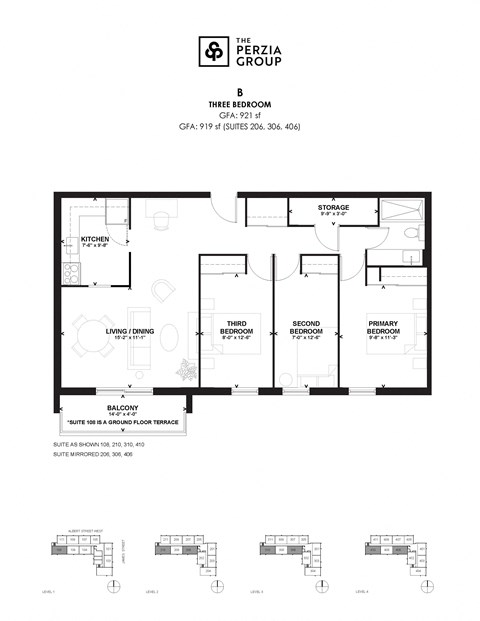 Floor plan for 3 beds, 1 bath, 921 sqft