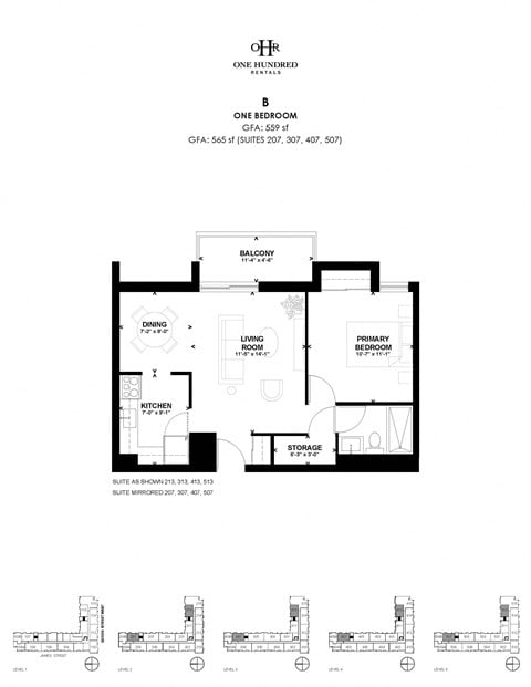 Floor plan for 1 bed, 1 bath, 559 sqft