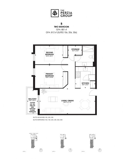 Floor plan for 2 beds, 1 bath, 801 sqft