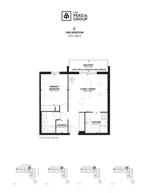Floor plan for 1 bed, 1 bath, 558 sqft