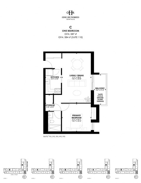 Floor plan for 1 bed, 1 bath, 587 sqft