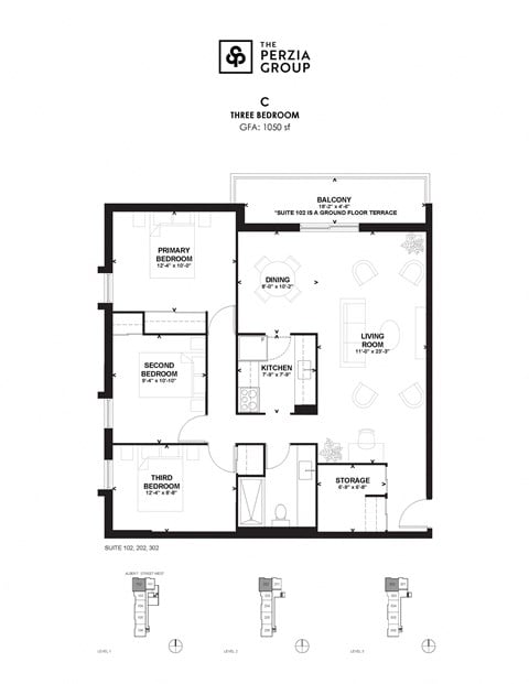 Floor plan for 3 beds, 1 bath, 1050 sqft