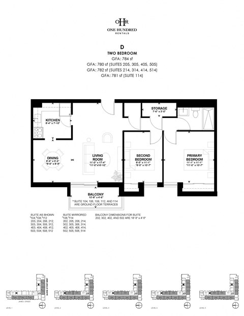 Floor plan for 2 beds, 1 bath, 784 sqft