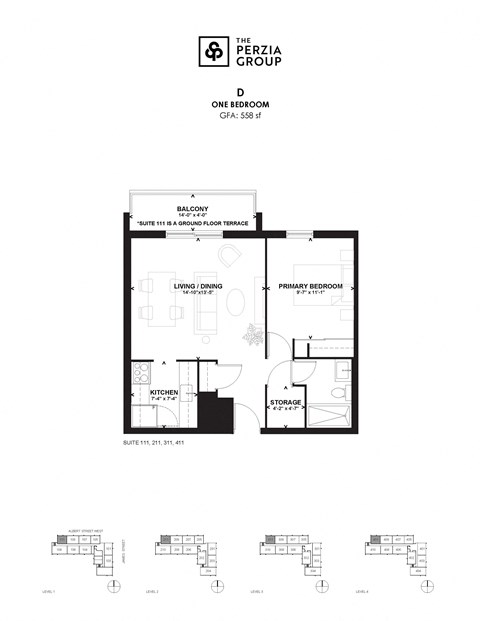 Floor plan for 1 bed, 1 bath, 558 sqft