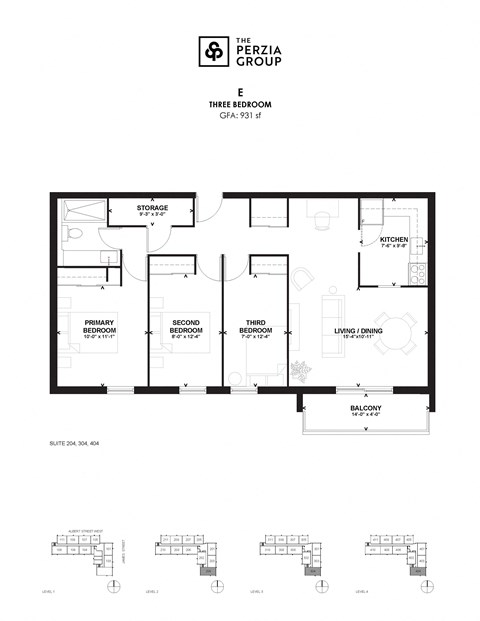 Floor plan for 3 beds, 1 bath, 931 sqft