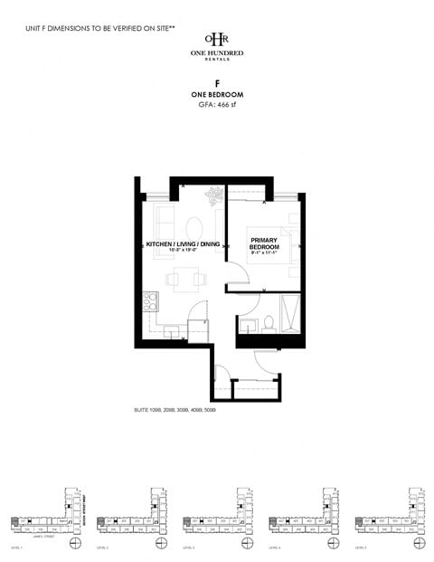 Floor plan for 1 bed, 1 bath, 466 sqft