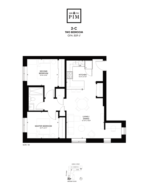 Floor plan for 2 beds, 1 bath, 859 sqft