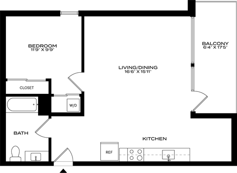 Floor plan for 1 bed, 1 bath, 687 sqft