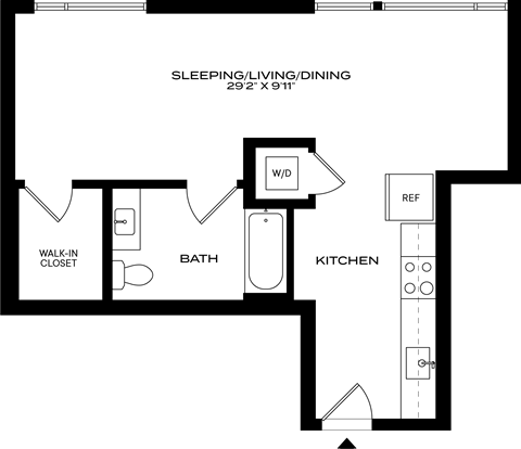 Floor plan for studio, 1 bath, 514 sqft
