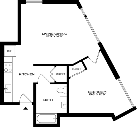 Floor plan for 1 bed, 1 bath, 610 sqft