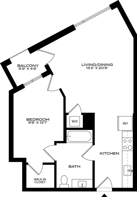 Floor plan for 1 bed, 1 bath, 637 sqft