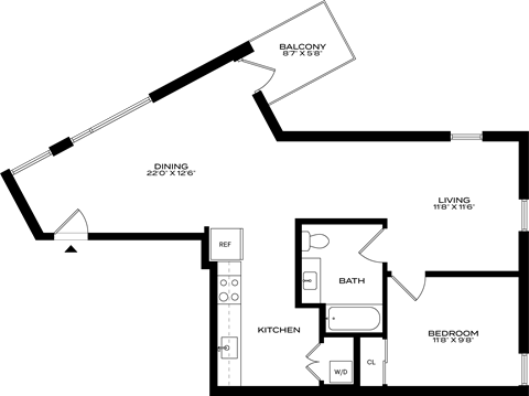 Floor plan for 1 bed, 1 bath, 778 sqft