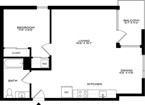 Floor plan for 1 bed, 1 bath, 719 sqft