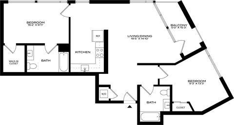Floor plan for 2 beds, 2 baths, 1022 sqft