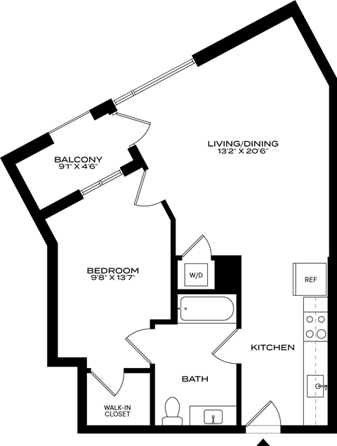 Floor plan for 1 bed, 1 bath, 636 sqft