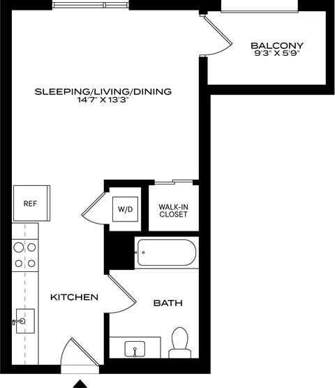 Floor plan for studio, 1 bath, 391 sqft