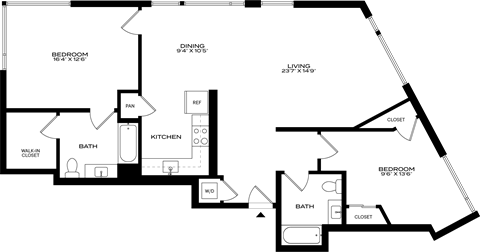 Floor plan for 2 beds, 2 baths, 1192 sqft