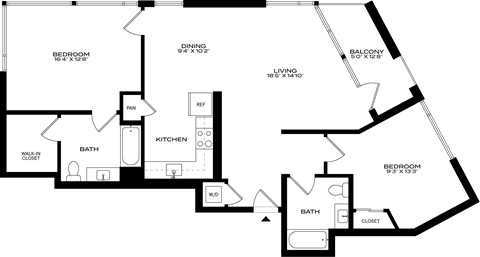 Floor plan for 1 bed, 1 bath, 681 sqft