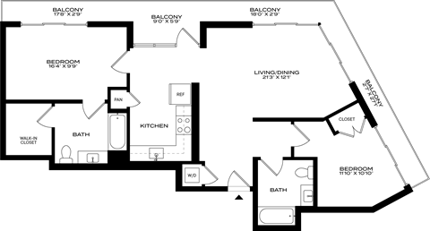 Floor plan for 2 beds, 2 baths, 964 sqft