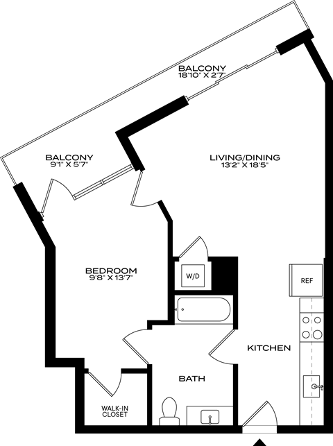 Floor plan for 1 bed, 1 bath, 594 sqft