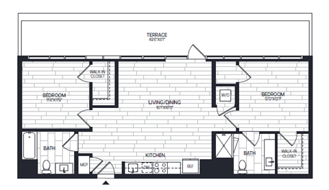 Floor plan for 2 beds, 2 baths, 1044 sqft