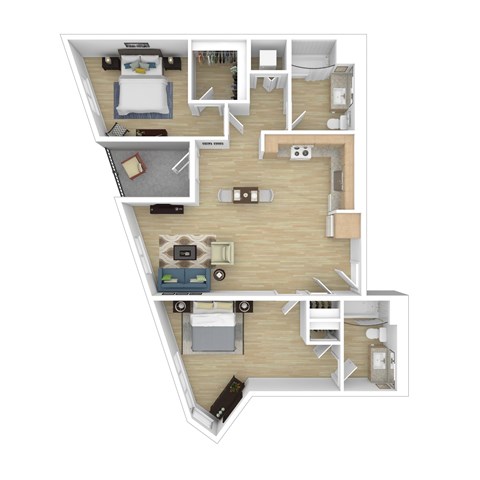 Floor plan for 2 beds, 2 baths, 1033 sqft