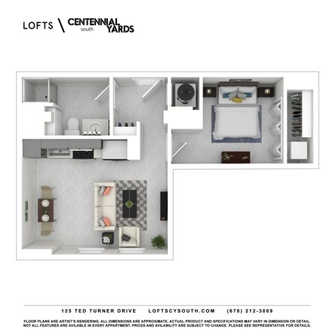 Floor plan for 1 bed, 1 bath, 555 sqft