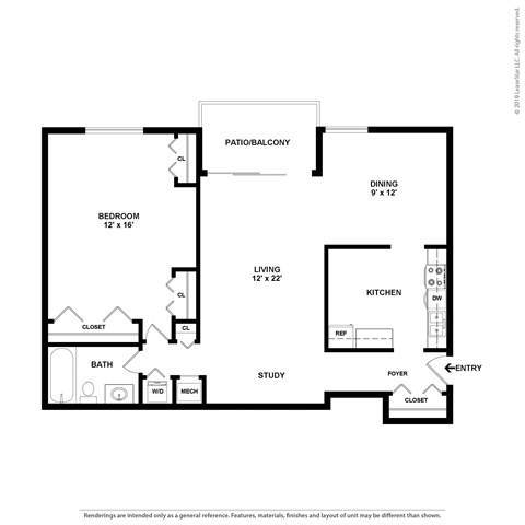 Floor plan for 1 bed, 1 bath, 912 sqft