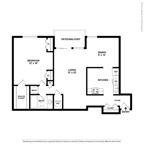 Floor plan for 1 bed, 1 bath, 912 sqft