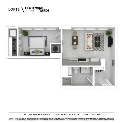 Floor plan for 1 bed, 1 bath, 635 sqft