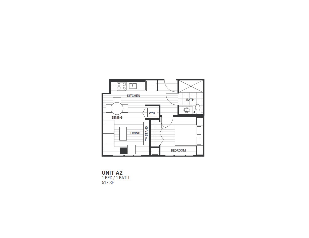Floor plan for 1 bed, 1 bath, 514 sqft