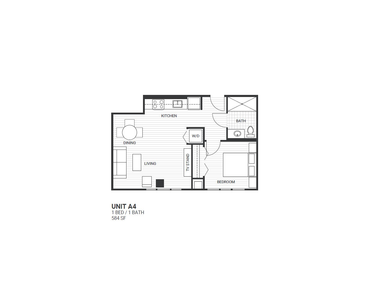 Floor plan for 1 bed, 1 bath, 609 sqft