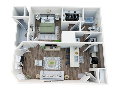 Floor plan for 1 bed, 1 bath, 630 sqft