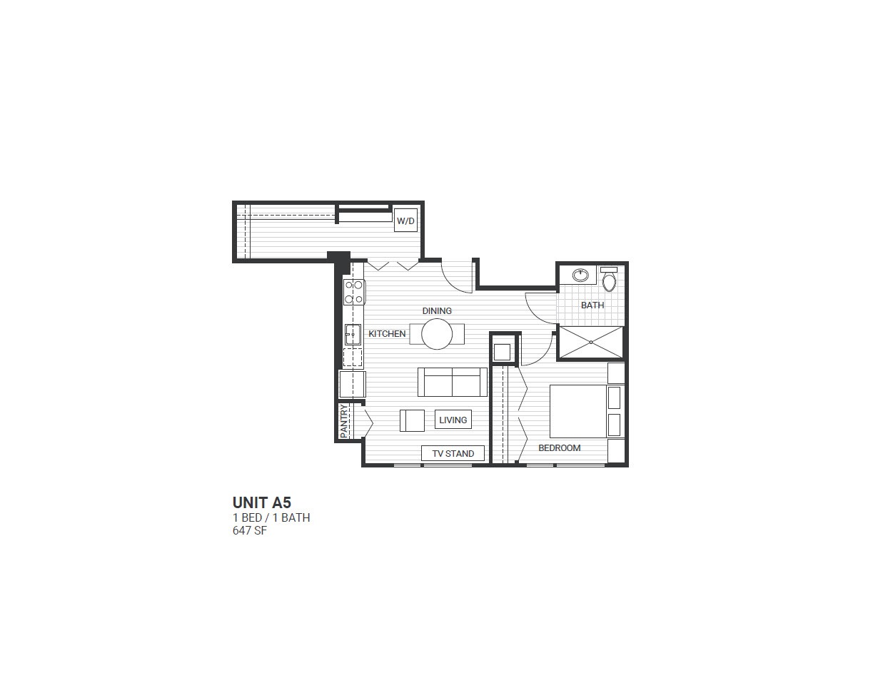 Floor plan for 1 bed, 1 bath, 647 sqft