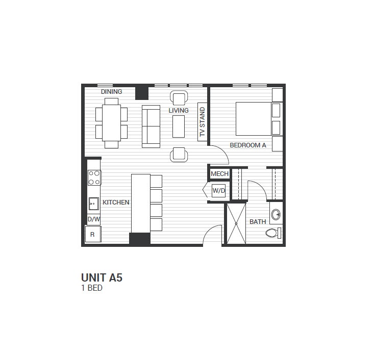 Floor plan for 1 bed, 1 bath, 790 sqft