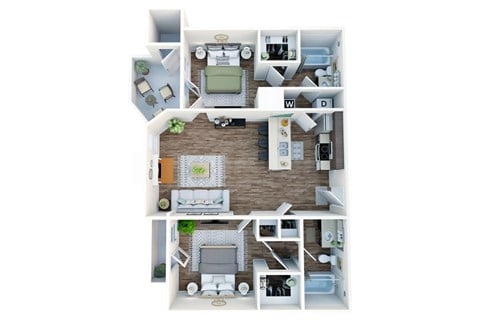 Floor plan for 2 beds, 2 baths, 907 sqft