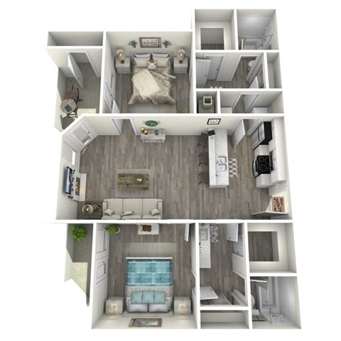 Floor plan for 2 beds, 2 baths, 942 sqft