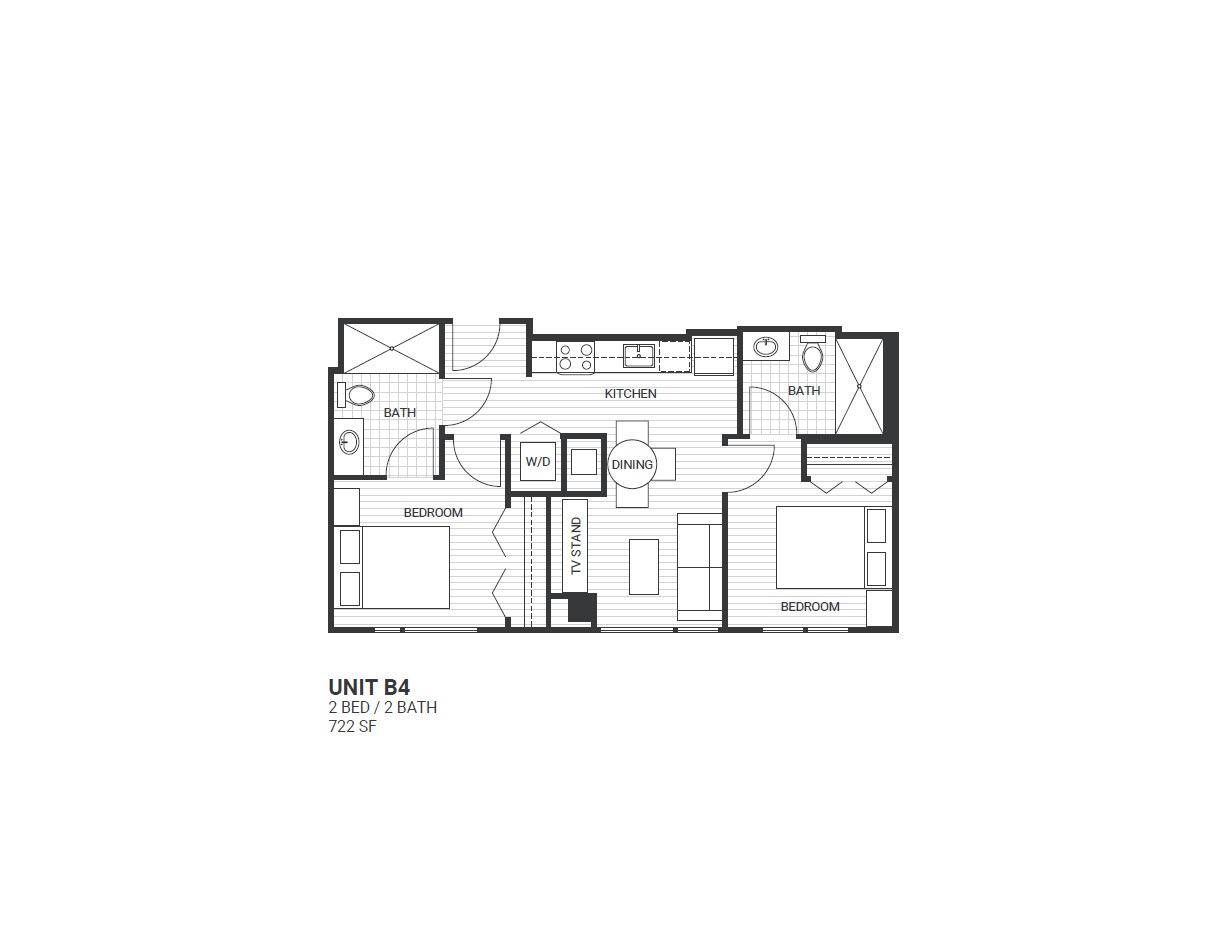 Floor plan for 2 beds, 2 baths, 717 sqft
