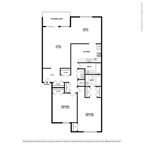 Floor plan for 2 beds, 2 baths, 1209 sqft