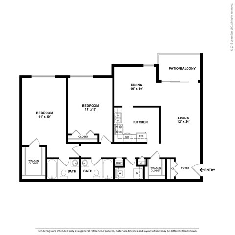 Floor plan for 2 beds, 2 baths, 1262 sqft
