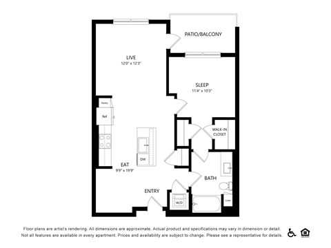 Floor plan for 1 bed, 1 bath, 764 sqft