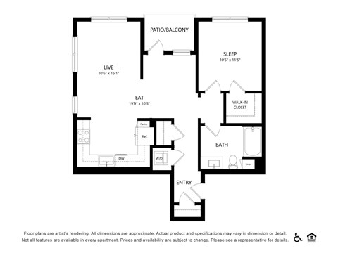 Floor plan for 1 bed, 1 bath, 797 sqft