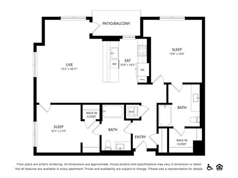 Floor plan for 2 beds, 2 baths, 1172 sqft