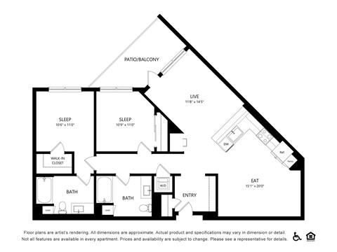 Floor plan for 2 beds, 2 baths, 1172 sqft