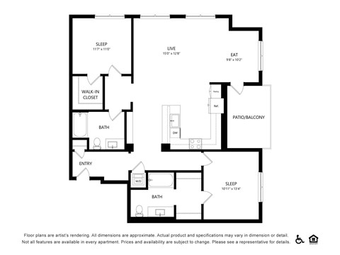 Floor plan for 2 beds, 2 baths, 1346 sqft